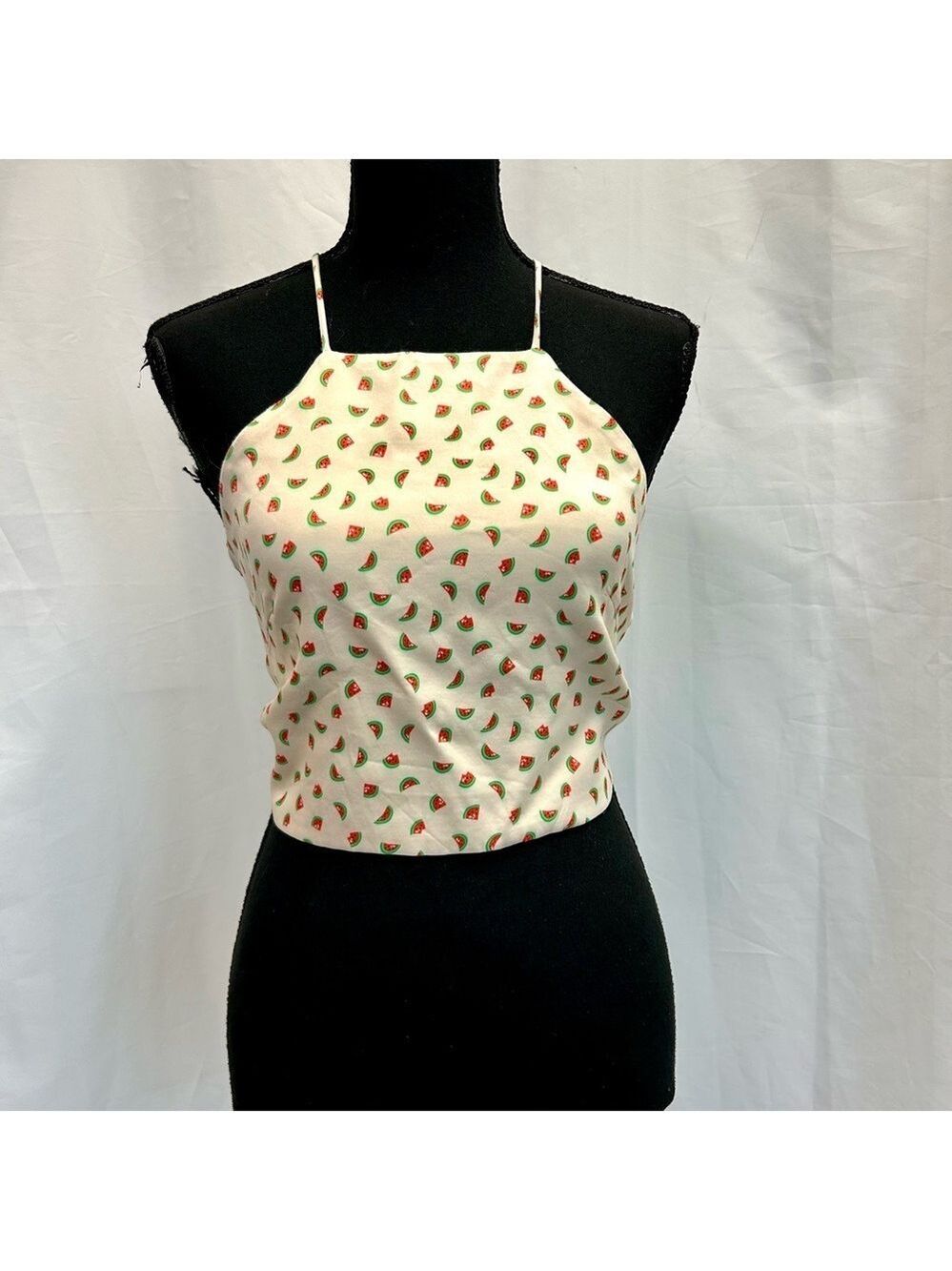 Zara cream watermelon print halter crop top open back lace up M summer festival